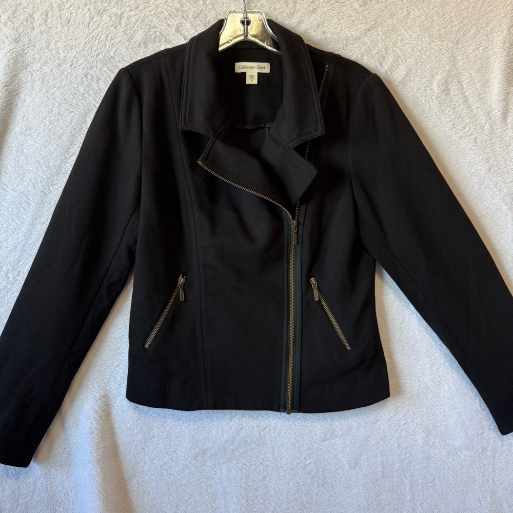 Coldwater Creek Asymmetrical Zip Black Jacket Blazer Size 8